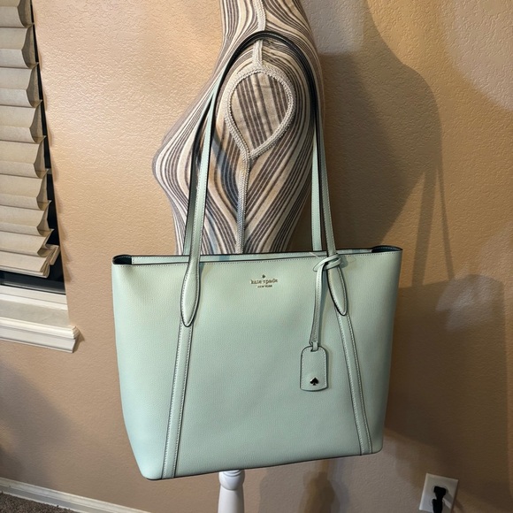 NWT ♠️ Kate Spade Cara Tote Bag Large Seawater Green Gold Hardware Grain Leather - Picture 10 of 16